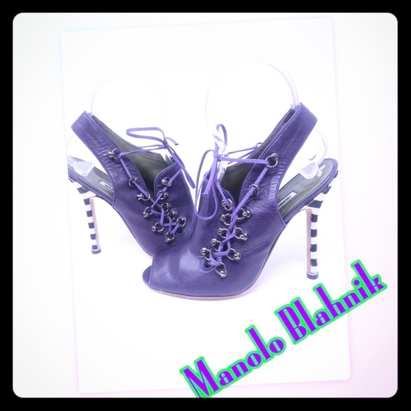 Manolo Blahnik Leather Lace Up Heels with Calf Fur - Picture 1 of 7